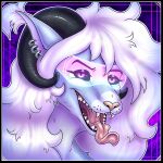  anthro black_eyeshadow black_sclera blue_body blue_fur dragon ear_piercing eastern_dragon evie_drew eyelashes eyeshadow female fur glowing glowing_eyes glowing_glasses hair headshot_portrait hi_res horn icon long_eyelashes long_hair makeup mouth_shot open_mouth piercing pink_tongue portrait purple_eyes simple_background skeletalheart solo teeth tongue tongue_out white_hair 