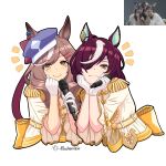  2girls animal_ears artist_name brown_eyes brown_hair epaulettes eyepatch gloves holding holding_microphone horse_ears horse_girl looking_at_viewer matikane_tannhauser_(umamusume) matsuoka_misato medium_hair microphone mouhantain multicolored_hair multiple_girls official_alternate_costume real_life real_life_insert road_of_radiance_(umamusume) short_hair smile tanino_gimlet_(umamusume) toono_hikaru two-tone_hair umamusume voice_actor_connection white_background white_gloves white_hair yellow_eyes 