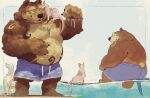  2023 anthro bear belly bernie_burr big_belly bottomwear brown_body butt clothing domestic_cat felid feline felis feral group hi_res male mammal overweight overweight_male shorts sitting swimwear water 