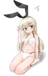  1girl absurdres bikini black_hairband blonde_hair dated front-tie_bikini_top front-tie_top grey_eyes hairband highres kantai_collection layered_bikini leaning_back long_hair looking_at_viewer maru_(marg0613) official_alternate_costume one-hour_drawing_challenge seiza shimakaze_(kancolle) simple_background sitting socks solo swimsuit v white_background white_bikini white_socks 