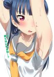  1girl absurdres armpits arms_up blue_hair blush commentary_request cut_bangs doodemoii embarrassed hair_bun highres love_live! love_live!_sunshine!! one_eye_covered open_mouth pink_eyes school_uniform serafuku simple_background sweat sweat_stain translation_request tsushima_yoshiko upper_body white_background 