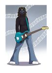  anthro black_body black_clothing black_fur blue_eyes bottomwear brown_hair clothed clothing denim denim_bottomwear denim_clothing domestic_cat felid feline felis female fully_clothed fur green_eyes guitar hair heterochromia hi_res jeans mammal musical_instrument musician pants plucked_string_instrument rutan_qilin simple_background solo string_instrument white_body white_fur willow_(spring_grove) 