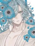  1boy blue_eyes blue_flower blue_hair character_request chiyu_(ixix_zzz) flower genshin_impact hair_between_eyes hair_flower hair_ornament highres long_hair looking_to_the_side one_eye_covered open_mouth serious simple_background solo upper_body white_background 