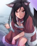  1girl animal_ears breasts brown_hair capelet cleavage dress fur-trimmed_capelet fur-trimmed_dress fur_trim highres imaizumi_kagerou large_breasts long_hair looking_at_viewer red_dress red_eyes santa_costume santa_dress smile solo tail tenamaru touhou wolf_ears wolf_tail 