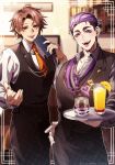  2boys :d black_vest blurry blurry_background brown_hair character_request earrings food fruit hand_on_own_hip heart highres holding holding_tray human_bug_daigaku indoors jewelry long_sleeves looking_at_viewer male_focus mazyogarinokuni multiple_boys necktie orange_(fruit) orange_juice orange_slice purple_eyes purple_hair purple_necktie red_necktie short_hair smile thick_eyebrows tray vest waiter 