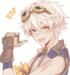  1boy arm_scarf bandaid bandaid_on_face bandaid_on_nose bennett_(genshin_impact) blush brown_gloves genshin_impact gloves goggles goggles_on_head green_eyes grey_hair hair_between_eyes looking_at_viewer male_focus open_mouth scar scar_on_arm simple_background sketch sleeveless solo thumbs_up upper_body white_background whitecookie1001 