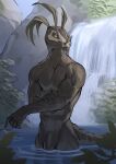  2023 anthro argonian bethesda_softworks biped claws detailed_background digital_media_(artwork) finger_claws flaccid furdo genitals grey_body grey_penis hi_res idrysse3 male outside partially_submerged penis pupils scalie scar slit_pupils solo the_elder_scrolls waterfall wet wet_body yellow_eyes 