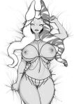  1girl artist_name brassica breasts collarbone commission facial_mark fingernails greyscale hand_up highres large_breasts lekku_(anatomy) lying monochrome navel nipples nude o-ring on_back open_mouth pussy sharp_fingernails sheet_grab solo star_wars tan thick_eyelashes thigh_gap togruta 