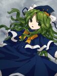  1girl blue_capelet blue_headwear blue_jacket blue_skirt capelet commentary_request green_eyes green_hair grey_background hat jacket long_hair long_sleeves mima_(touhou) neck_ribbon open_mouth retrochaossan ribbon skirt solo touhou touhou_(pc-98) wavy_hair white_trim yellow_ribbon 