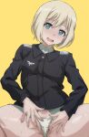  1girl arobiro black_jacket blonde_hair blue_eyes erica_hartmann highres jacket military military_uniform panties presenting pussy shirt short_hair solo spread_legs strike_witches swimsuit underwear uniform white_panties white_shirt world_witches_series yellow_background 