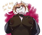  absurd_res adidas ailurid alpha_channel anthro blush bodily_fluids breasts female hi_res lactating mammal red_panda scarlet_(athelwah) solo speech_bubble weirdcathq 