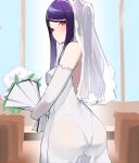  1girl absurdres alternate_costume ass back bare_shoulders blush bouquet breasts closed_mouth commentary_request dress elbow_gloves flower gloves highres holding holding_bouquet jill_stingray looking_at_viewer looking_to_the_side red_eyes see-through solo va-11_hall-a veil wedding_dress white_dress white_gloves yanagui 