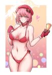 1girl 2poet bell beret bikini blue_archive blush breasts cleavage gloves grin hair_bun halo hat heart highres holding holding_bell looking_at_viewer navel pink_eyes pink_gloves pink_hair red_bikini serina_(blue_archive) serina_(christmas)_(blue_archive) single_hair_bun smile solo swimsuit 