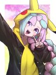  :d alternate_costume alternate_hairstyle black_jacket blue_hair bow-shaped_hair braid character_hood highres hood hood_up iono_(pokemon) jacket jacket_over_hoodie kotobukkii_(yt_lvlv) long_hair long_sleeves multicolored_hair open_clothes open_jacket open_mouth pikachu pink_eyes pink_hair pokemon pokemon_(game) pokemon_sv sharp_teeth smile teeth two-tone_hair upper_teeth_only v very_long_hair 