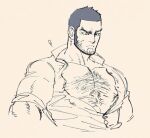  1boy bara bare_pectorals beard bursting_pectorals buzz_cut chest_hair cropped_torso facial_hair flying_button frown golden_kamuy greyscale hairy konpane_(ohj) large_pectorals long_sideburns looking_down male_focus mature_male monochrome muscular muscular_male no_nipples pectorals scar scar_on_face shirt short_hair sideburns solo speed_lines stubble tanigaki_genjirou thick_eyebrows torn_clothes torn_shirt very_short_hair 