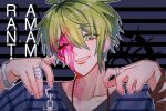  1boy ;d amami_rantaro antenna_hair blood blood_on_face bracelet character_name collarbone danganronpa_(series) danganronpa_v3:_killing_harmony green_eyes green_hair grin hair_between_eyes hands_up highres jewelry necklace one_eye_closed ring ru_nru_n_(kei05972312) shirt smile solo striped striped_shirt teeth 