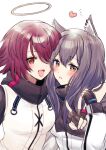  2girls :d absurdres animal_ear_piercing animal_ears arknights arm_around_shoulder black_gloves black_hair blush breasts chiwa_(chiwawanwan1206) exusiai_(arknights) fingerless_gloves gloves hair_over_one_eye halo heart highres long_hair looking_at_viewer multiple_girls open_mouth orange_eyes parted_lips red_hair short_hair small_breasts smile texas_(arknights) upper_body v wolf_ears wolf_girl yellow_eyes yuri 