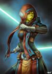  1girl alien artist_name belt colored_skin dual_wielding facial_mark gloves green_lightsaber green_skin holding holding_lightsaber hood looking_at_viewer mirialan red_eyes runshin solo star_wars star_wars:_the_old_republic watermark white_gloves 