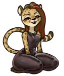  anthro brown_hair cheetah felid feline female hair latex_legwear lostwisdom mammal nacita red_eyes solo 