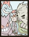  1boy black_border black_eyes blue_background border brown_hair closed_mouth commentary_request expressionless feraligatr full_body gastrodon gastrodon_(east) gedougawa gengar grey_pants holding holding_map lucas_(pokemon) map pants poke_ball_symbol pokemon pokemon_(creature) pokemon_(game) pokemon_dppt reading red_headwear red_scarf scarf simple_background standing tyranitar 