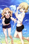  2girls :d absurdres beach black_shirt black_shorts blue_eyes blue_sky blush cloud collarbone darjeeling_(girls_und_panzer) day denim denim_shorts girls_und_panzer highres horizon kay_(girls_und_panzer) megami_magazine multiple_girls navel ocean official_art one_eye_closed outdoors shirt short_shorts short_sleeves shorts sky smile splashing standing water_drop white_shirt 