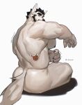  2023 annoyed anthro areola back_muscles bear biceps big_butt big_muscles biped black_nipples butt digital_media_(artwork) digital_painting_(artwork) doooo2424 fur hair hi_res huge_muscles huge_pecs male mammal muscular muscular_anthro muscular_male nipples nude pecs signature simple_background sitting solo solo_focus sticker tail text white_background white_body white_fur 