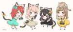  4girls :3 :d :q animal_ears animal_hands animal_on_head black_gloves black_hair black_skirt blue_bow blue_skirt blunt_bangs blush bow brown_background brown_bow brown_cat brown_eyes brown_hair brown_skirt cat cat_ears cat_on_head cat_tail character_request chibi closed_mouth commentary_request diamond-shaped_pupils diamond_(shape) expressionless fake_animal_ears fake_tail fang frilled_skirt frills full_body glasses glove_bow gloves hair_bow hand_on_own_face hands_on_own_face headdress leaning_forward long_hair looking_at_viewer looking_back low_twintails medium_bangs miyan_(shamigame) multiple_girls on_head open_mouth orange_eyes paw_gloves pink_hair puffy_short_sleeves puffy_sleeves purple_eyes ragnarok_masters ragnarok_online red_eyes red_hair shirt short_hair short_sleeves short_twintails sidelocks simple_background skirt smile socks symbol-shaped_pupils tail tail_bow tail_ornament tongue tongue_out twintails white_shirt white_socks yellow_bow yellow_skirt 