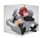  1boy 1girl ahoge black_footwear black_gloves black_shirt blush box breasts chaldea_logo closed_eyes en0hir0 fate/grand_order fate_(series) fujimaru_ritsuka_(female) gloves hand_on_another&#039;s_hip hetero highres in_box in_container kadoc_zemlupus kiss orange_eyes orange_hair shirt sweatdrop white_footwear white_hair yellow_eyes 