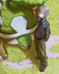  1boy absurdres dawillie day grass grey_hair hair_between_eyes hands_in_pockets highres jacket looking_at_viewer male_focus outdoors pants paul_(pokemon) pokemon pokemon_(creature) pokemon_(game) pokemon_dppt red_eyes shoes short_hair standing torterra 