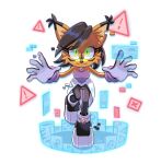  1girl angiethecat animal_ears animal_nose black_hair brown_fur full_body furry furry_female gloves glowing glowing_eyes green_eyes highres jewelry lynx_ears lynx_girl nicole_the_holo-lynx pants shoes smile solo sonic_(series) sonic_the_hedgehog_(archie_comics) 