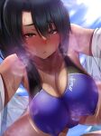  1girl absurdres andou_you black_eyes black_hair blue_one-piece_swimsuit blurry blurry_background blush breasts bright_pupils cleavage cloud collarbone competition_swimsuit covered_clitoris covered_nipples dark-skinned_female dark_skin hair_between_eyes hanging_breasts hexagon_print highres large_breasts long_hair looking_at_viewer motion_lines nipples one-piece_swimsuit open_mouth original ponytail sky solo swimsuit tan two-tone_swimsuit wet wet_clothes wet_swimsuit white_pupils 