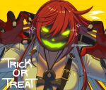  1girl ankh black_gloves bodysuit breasts claw_pose collared_shirt colored_inner_hair front_slit gloves glowing glowing_eyes green_eyes grey_mask guilty_gear guilty_gear_strive highres jack-o&#039;_valentine jewelry large_breasts long_hair long_sleeves looking_at_viewer messy_hair multicolored_hair nnoonrabbit pendant pumpkin_mask red_gloves red_hair shirt shoulder_belt skin_tight trick_or_treat two-tone_gloves two-tone_hair upper_body very_long_hair white_bodysuit white_hair white_shirt yellow_background 