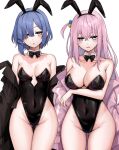  2girls animal_ears arm_under_breasts ass_visible_through_thighs bare_legs bare_shoulders black_bow black_bowtie black_corset black_leotard blue_eyes blue_hair bocchi_the_rock! bow bowtie breasts coat collarbone corset covered_navel cowboy_shot fake_animal_ears gotoh_hitori groin hair_ornament hair_over_one_eye hairclip highres jacket kushinaka large_breasts leotard medium_breasts mole mole_under_eye multiple_girls off_shoulder open_mouth pink_hair pink_jacket playboy_bunny rabbit_ears short_hair simple_background sleeveless thigh_gap thighs track_jacket white_background yamada_ryo yellow_eyes 