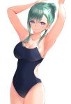  1girl absurdres armpits arms_behind_head blue_one-piece_swimsuit breasts collarbone covered_navel cowboy_shot green_hair hair_behind_ear hair_bun highres kuwakuma large_breasts long_hair looking_at_viewer mole mole_on_breast mole_on_thigh one-piece_swimsuit sidelocks simple_background smile solo swept_bangs swimsuit virtual_youtuber vspo! white_background yakumo_beni 