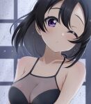 1girl bare_shoulders black_camisole black_hair breasts camisole cleavage collarbone large_breasts light_blush looking_at_viewer love_live! love_live!_sunshine!! one_eye_closed purple_eyes satolive20 see-through short_hair solo sweat upper_body watanabe_tsuki 