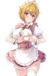  1girl absurdres ahoge alternate_costume apron b1ack_illust blonde_hair blush bow bowtie enmaided frilled_apron frills heart heart_hands highres ibuki_tsubasa idolmaster idolmaster_million_live! looking_at_viewer maid maid_headdress pink_bow pink_bowtie puffy_short_sleeves puffy_sleeves red_eyes short_sleeves simple_background smile solo thighhighs waist_apron white_background white_thighhighs wrist_cuffs zettai_ryouiki 