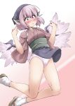  1girl animal_ears bird_ears bird_wings blue_headwear blush brown_kimono closed_mouth hair_between_eyes head_scarf highres japanese_clothes kimono mepikari mystia_lorelei obi okamisty panties pink_eyes pink_hair sash short_hair socks solo tabi touhou underwear white_panties white_socks white_wings wings 