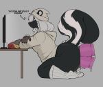  2023 anthro black_body black_fur casloafy chips_(food) clothed clothing dark_souls double_anal_penetration female food footwear fromsoftware fur grey_background hi_res hoodie lubed_sex_toy mammal mephitid monitor partially_clothed simple_background skunk socks solo speedrun topwear toy_in_ass watching_video 