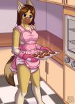  anthro apron blue_eyes breasts brown_hair closed_smile clothed clothing cooking diaper female fur glistening glistening_eyes glistening_hair gloves hair handwear hi_res infantilism inside looking_at_viewer mouth_closed pink_apron pink_clothing pink_gloves pink_handwear pink_nose riddlr solo standing tan_body tan_ears tan_fur 