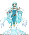  1girl bare_shoulders belt blue_hair breasts cape detached_sleeves dress feather_trim feathers fire_emblem fire_emblem:_the_blazing_blade fire_emblem_heroes full_body gradient_clothes hair_ornament hands_up highres long_dress long_hair long_skirt looking_at_viewer medium_breasts ninian_(fire_emblem) non-web_source official_art parted_lips red_eyes skirt smile snowflake_print snowflakes solo standing transparent_background uroko_(mnr) 