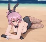  1girl alternate_costume aoba_(kancolle) beach black_bow black_bowtie black_gloves black_leotard black_scrunchie blue_sky bow bowtie breasts cloud day fishnet_pantyhose fishnets gloves green_eyes hair_ornament hair_scrunchie highres horizon ikadamo kantai_collection large_breasts leotard lying on_side outdoors pantyhose pink_hair ponytail scrunchie short_hair sky smile solo strapless strapless_leotard 