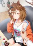  1girl 1other absurdres alternate_costume armpits blurry blurry_background blush braid brown_hair casual closed_eyes collarbone commentary_request food hair_ornament hairclip highres horse_girl jacket jungle_pocket_(umamusume) looking_at_viewer medium_hair notched_ear open_mouth pov pov_hands ryochapu shirt sitting solo_focus spoon sweets trainer_(umamusume) umamusume 