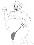  anthro belly belly_jiggle belly_overhang big_belly big_pecs bone bulge clothing demon digital_drawing_(artwork) digital_media_(artwork) dpronin fangs felid feline flaccid genital_outline genitals hand_on_hip hi_res holding_skull jiggling long_tongue male male_pred mammal motion_lines musclegut muscular muscular_anthro muscular_male neck_tuft nipples pecs penis penis_outline sabertooth_(anatomy) skull solo teeth thong tongue tuft underwear 