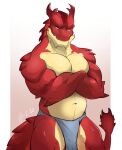  absurd_res anthro biceps bottomwear clothed clothing crossed_arms dragon hi_res horn lofnirv looking_at_viewer male muscular muscular_anthro muscular_male pecs red_body scalie simple_background solo tail underwear underwear_only 
