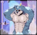  2023 abs animated anthro barbell_piercing bathing biceps blue_body blue_fur bottle canid canine canis container convenient_censorship digital_media_(artwork) dislyte eighth_note eye_scar eyewear facial_scar freddy_(dislyte) fur hand_on_head male mammal multicolored_body multicolored_fur navel nipple_barbell nipple_piercing nipples nude pecs piercing pixel_(artwork) pixel_animation pubes sadness3verde3n scar shower shower_head showering solo suds sunglasses two_tone_body two_tone_fur water whistling white_body white_fur wolf 