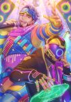  2boys absurdres apex_legends black_jacket black_shirt dbox_2525 facial_hair fingerless_gloves gloves helmet highres holding holding_microphone jacket male_focus microphone mirage_(apex_legends) multiple_boys music necktie open_clothes open_jacket open_mouth shirt short_hair singing vest white_vest yellow_gloves 