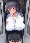  1girl @_@ absurdres black_hair blush bob_cut breast_press breasts breath button_gap cleavage collarbone collared_shirt commentary_request embarrassed fang flying_sweatdrops furrowed_brow grabbing_own_breast ground_vehicle hair_between_eyes heavy_breathing highres huge_breasts inconvenient_breasts iro_(boo_iro) looking_away miniskirt multiple_others open_mouth original pleated_skirt red_eyes school_uniform see-through shirt short_hair skirt solo strap sweat taut_clothes taut_shirt thighs train train_interior translation_request uniform white_shirt 