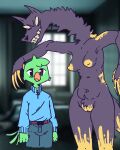  absurd_res anthro avian belly bird canid canid_demon canine canis clothing demon duo female hellhound hi_res male male/female mammal mevka_(artist) parrot size_difference sleep_paralysis_demon smile stained_fur stains tall_female tall_girl teeth_showing wolf 