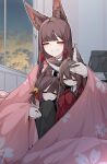  3girls absurdres akagi-chan_(azur_lane) akagi_(azur_lane) amagi-chan_(azur_lane) animal_ears azur_lane black_kimono blush brown_hair cuddling evening eyeshadow facing_viewer floral_print fox_ears fox_girl grin hair_between_eyes hair_ornament hairclip hand_on_another&#039;s_back hand_on_another&#039;s_head hands_up happy headpat highres hug japanese_clothes kimono kitsune leaning_back leaning_on_person long_hair makeup multiple_girls patting_back pink_blanket print_kimono red_eyeshadow red_kimono rubbing sakura_empire_(emblem) samip shared_blanket sitting sleeping smile twintails very_long_hair zzz 