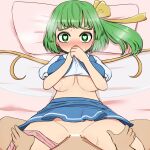  1boy 1girl areola_slip bar_censor blush bow breasts censored clothed_sex covering_mouth daiyousei dress fairy_wings green_eyes green_hair hair_bow hair_ribbon heart heart-shaped_pupils hetero kigan&#039;eiji large_breasts lifted_by_self long_hair looking_at_viewer lying on_back on_bed penis pillow pussy ribbon sex side_ponytail spread_legs symbol-shaped_pupils tearing_up touhou vaginal wings 